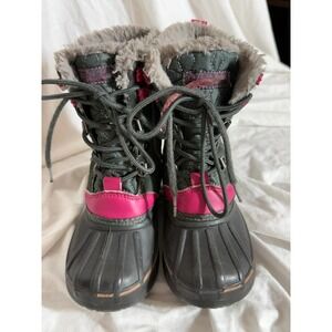 London Fog Girls Winter Snow Boots Gray Pink Quilted Faux Fur Trim Waterproof